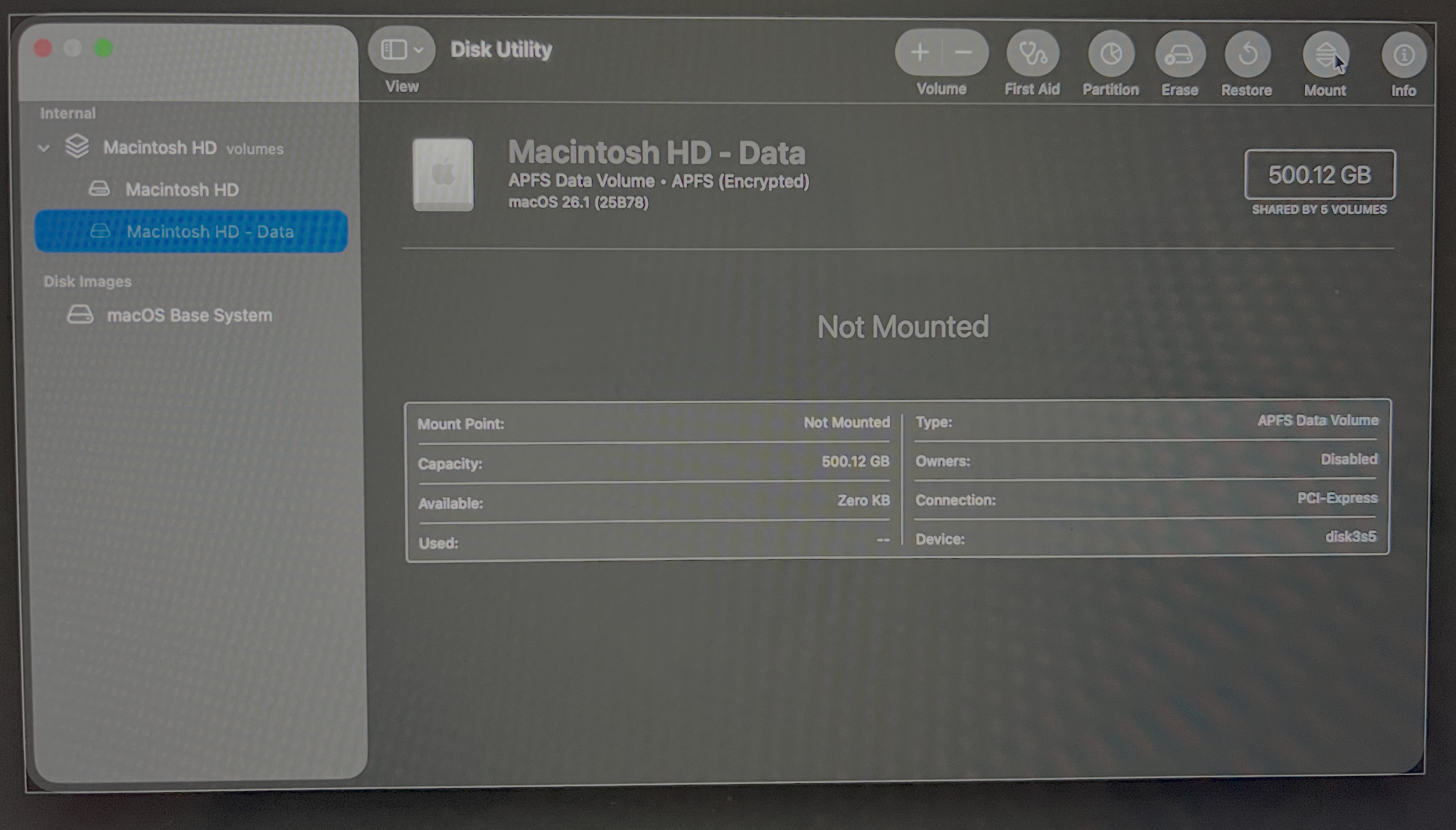 Mounting the Data volume in Disk Utility